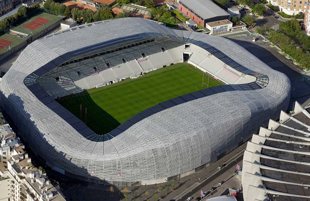 Photo aérienne du stade Jean Bouin à Paris, réhabilité avec aw-eck pour l'assistance technique maîtrise d’ouvrage