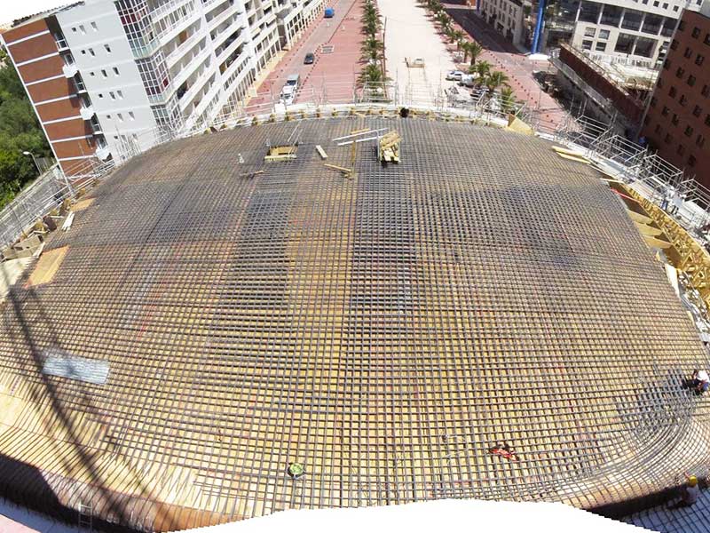 Photo du chantier du théâtre de l'Archipel à Perpignan avec Aw-eck pour l'ingénierie structure EXE