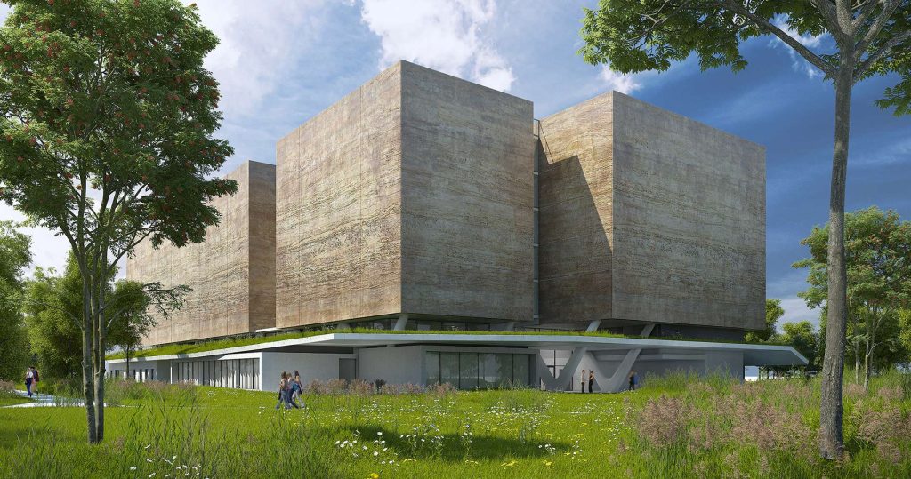 Illustration 3D des nouvelles archives départementales de l'Isère vue de côté