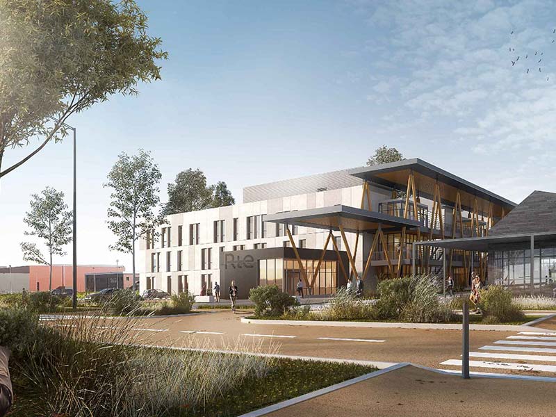 Vue depuis les parkings du projet RTE à Jonage projet mené en structure er BIM par Cetis, bet d'ingénierie du bâtiment