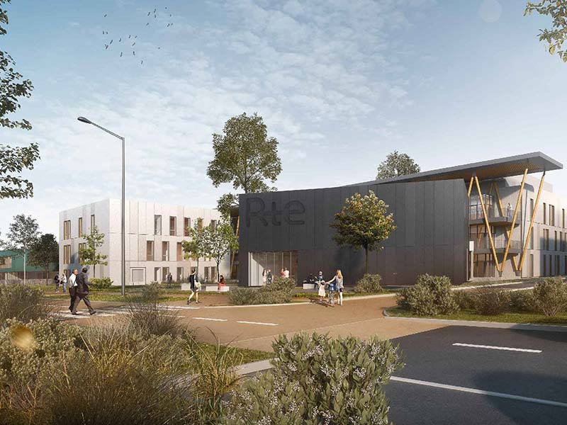 Vue extérieure du projet RTE à Jonage, projet mené en structure er BIM par Cetis, bet d'ingénierie du bâtiment